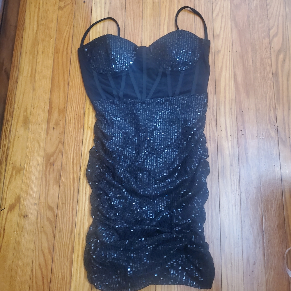 Love&lemonade Busted Sheer Sparkling Black Sequin Mini Dress Sz M New